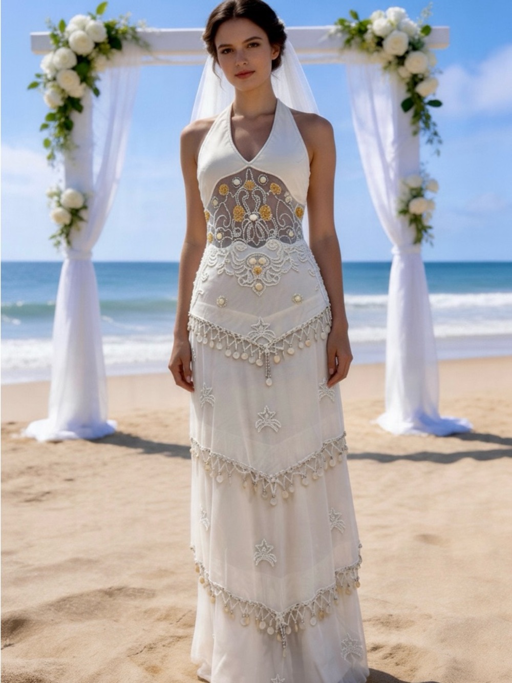 Ivory Halter hand, beaded Beach Wedding Dress‎ w/hand Beaded shell Accents
